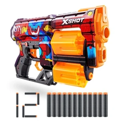 Imagen de X Shot Skins Dread Blaster Poppy Playtime (Toony) por ZURU con 12 Dardos, Doble Barril Giratorio, tecnología de Dardos Bolsillo Aire, Lanzador Espuma Juguete para niños, Adolescentes y