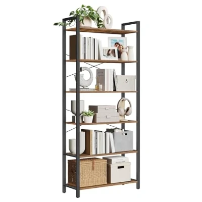 Imagen de VASAGLE Estantería Alta de 6 Niveles, Librería con Marco Acero, para Salón, Dormitorio, Oficina, Estudio, 30 x 80 186 cm, Estilo Industrial, Marrón Rústico y Negro Tinta LLS082B01