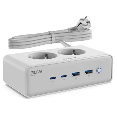 Imagen de VOOMY Regletas Enchufes con 20W USB C Carga Rápida, Regleta (2 y 2 A), Alargador Enchufe Tomas, multiple Interruptor, proteccion sobretension Cable de 2m