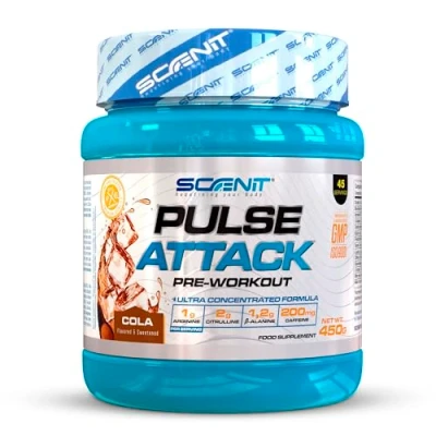 Imagen de Pulse Attack 450 g Pre workout Gym con arginina, beta alanina, citrulina, creatina, taurina Preentreno gimnasio Prework entrenos potentes (Cola)