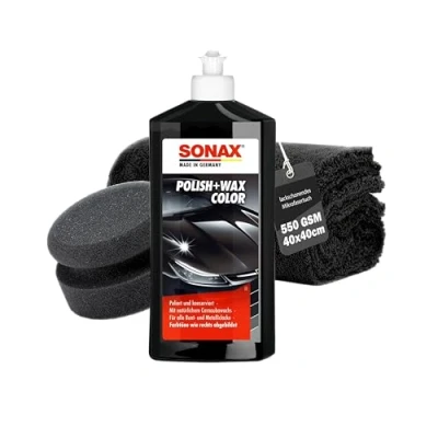 Imagen de Juego de abrillantador coche Sonax Polish &amp; Wax Color Negro 500 ml Auto Politur + Esponja pulido Paño Pasta para pinturas colores y metálicas eliminar pequeños