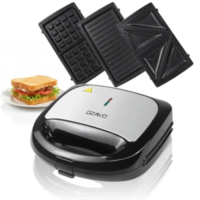 Imagen de OZAVO Sandwichera 3 en 1, Gofreras eléctricas Parrilla para gofrera bocadillos hamburguesa y Panini Grill Extraíble placas, 750W