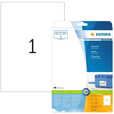 Imagen de HERMA etiquetas autoadhesivas multiusos, 1 etiqueta por hoja A4, 320 hojas, 210 x 297 mm, etiquetas, adhesivas universales en blanco, para impresora láser y de