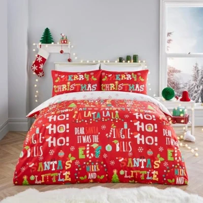 Imagen de Fusion Funda Nórdica Frases Navideñas 230 x 220 cm Reversible (2 Diseños) 2X Fundas de Almohada Incluidas Copos Nieve Ropa Cama Navideña en Rojo y Blanco