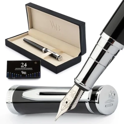 Imagen de Wordsworth &amp; Black Juego de plumas estilográficas medias, incluye 6 cartuchos tinta y un convertidor recarga tinta, estuche regalo, para caligrafía, escritura lisa, cromado negro