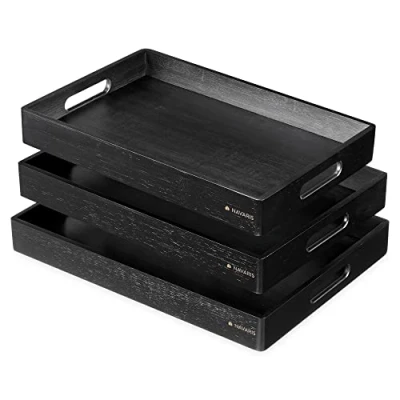 Imagen de Navaris Bandeja Rectangular de bambú Set 3X bandejas para Cocina Servir Comida Desayuno Comer en Cama Fuente Grande Mediana y pequeña Negro