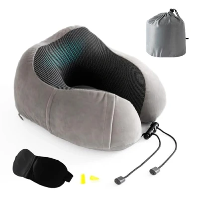 Imagen de Good Nite Almohada para El Cuello de Viaje Avión Cojín Coche Espuma con Memoria Adultos Suave Ergonómica Dormir, AvióN, y Casa(Gris)