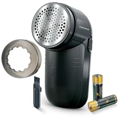 Imagen de PORTENTUM Quitapelusas eléctrico Eliminador de Pelotillas para Ropa, Cuchillas Acero Inoxidable. Contenedor Pelusas Desmontable. Pilas Incluidas. Accesorios: Cepillo Limpieza