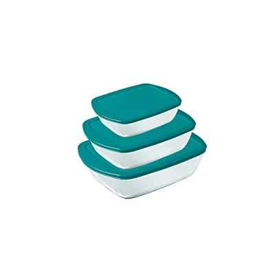 Imagen de Pyrex® Cook &amp; Store Juego de 3 platos rectangulares vidrio con tapas (0,4l, 1,1 l y 2,5 l) Libre BPA