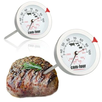 Imagen de COM FOUR® 2x Termómetro para asados carne de 2 zonas con pantalla control del punto cocción analógico parrilla y horno Aguja (2 piezas zonas)