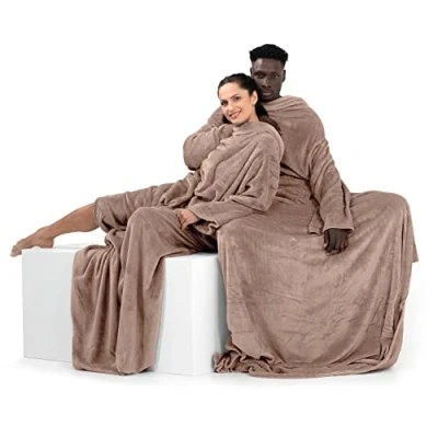 Imagen de DecoKing Manta con Mangas de Microfibra y Bolsillos Forro Polar Suave cálido Compartimento para los pies 150x180 cm Beige Lazy