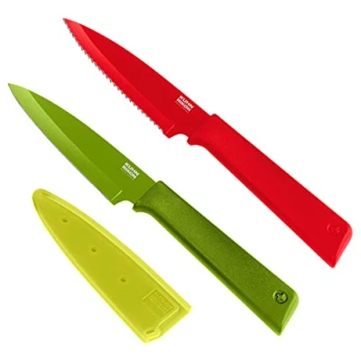 Imagen de KUHN RIKON Colori+ Juego de cuchillo (hoja recta y hoja dentada, con protector hoja, antiadherente, acero inoxidable, 19,5 cm), color rojo verde