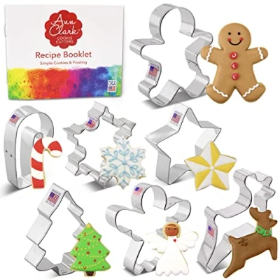 Imagen de Ann Clark Cookie Cutters Juego de 7 cortadores galletas Navidad con libro recetas, copo nieve, estrella, árbol Navidad, hombre jengibre, ángel, reno y bastón caramelo