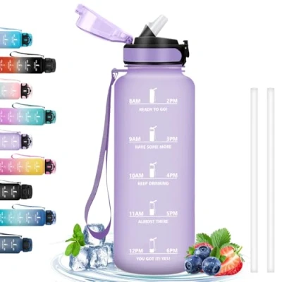 Imagen de Botella 1.5 Litros, Agua con Pajita, Gimnasio a Prueba de Fugas, Motivacional, Fácil Limpiar, Grande, Cantimplora para Acampar, Ciclismo, Púrpura