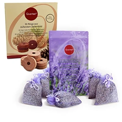 Imagen de Quertee Juego de protección antipolillas 10 saquitos Lavanda + 30 Anillos Madera Cedro, para Armario, aromáticos, contra polillas Cedro