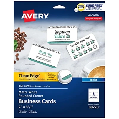 Imagen de Avery 88220 redondeado de dos caras Clean Tarjetas visita inyección tinta &amp;&amp;44 44, 2 x 3,5 &amp;&amp;&amp;160 Blanco 44 44;