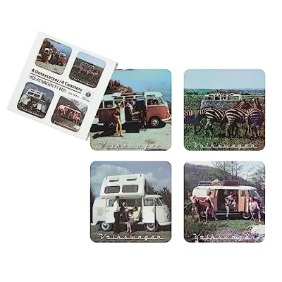 Imagen de BRISA VW Collection Posavasos de Corcho para Vasos Bebidas Volkswagen con Revestimiento MDF T1 Camper Bus (Conjunto 4/Paisaje/Variado)