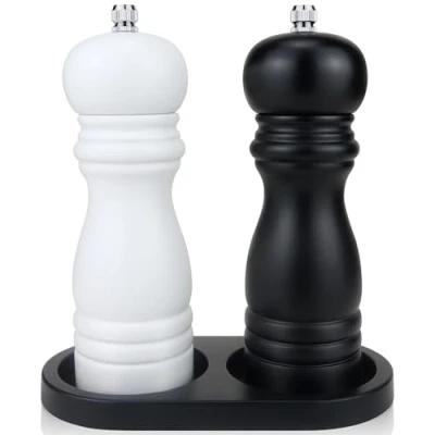 Imagen de Molinillo de Pimienta, Juego 2 Molinillos Sal y Pimienta Madera con Bandeja, Salero Pimentero Manual Fuerte Amoladora Cerámica Ajustable, Especias para Pimiento, Gorda