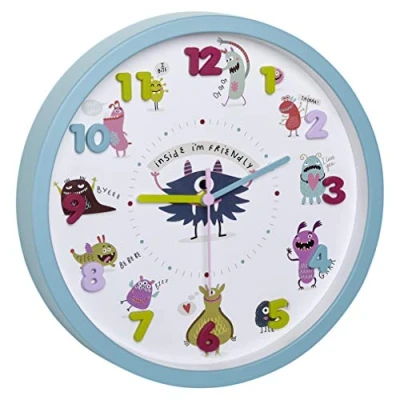 Imagen de TFA Dostmann Little Monsters Reloj de Pared Infantil con diseño Monstruos, Movimiento silencioso, Ideal para la habitación los niños, Plástico Vidrio, Turquesa, L 309 x B 44 H mm