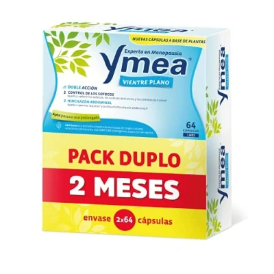 Imagen de Ymea Vientre Plano Pack, Cápsulas para Tratamiento de la Menopausia, Control Sofocos y Alivia el Hinchazón Abdominal, Sin Estrogenos, Soja o Consevantes, 2 Meses, 128 Unidades