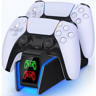 Imagen de estación de carga PS5 para mando Dual con luz RGB, rápida 2 horas, mandos y controladores Edge (negro)