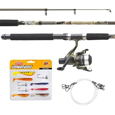 Imagen de Mitchell 1555895 Tanager Camouflage Juego de Pesca telescópico Compuesto por un Combo caña y Carrete con Cuerda Cebo para Pescar Trucha Perca, Camuflaje Verde