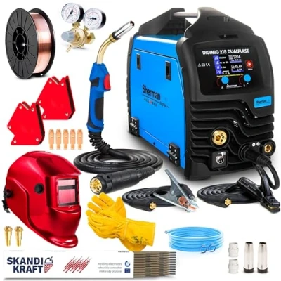 Imagen de Sherman DIGIMIG 215 Double Pulse 200A Soldador de hilo sin gas y con inverter para MIG MAG, soldadura por puntos, MMA TIG LIFT Inductancia Set Premium