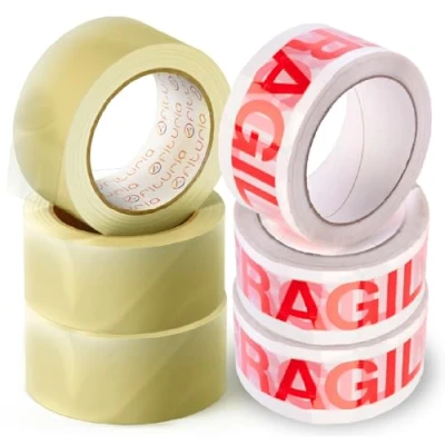 Imagen de OFITURIA Cinta Adhesiva, Embalar ideal para Embalaje de Cajas Cartón, Envíos y Mudanzas, Pack 6 Rollos Cinta, Precinto Adhesivo Seguro Resistente (3 Transparente, 3 Frágil)