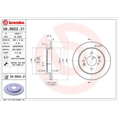 Imagen de BREMBO 08.B602.21 Disco de freno 239 9 4 macizo revestido con tornillos