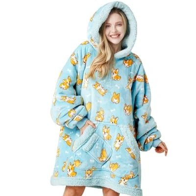 Imagen de Giggling Getup Manta con Capucha Ponible para Mujeres y Hombres Sudadera de Franela Sherpa Sobredimensionada, Gran Bolsillo Mangas, Regalos Cumpleaños Adultos, Corgi