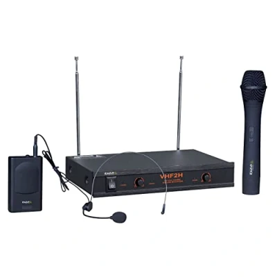 Imagen de Ibiza VHF2H Sistema de microfonía inalámbrica con 1 micrófono Mano VHF, Diadema VHF y Receptor 2 Canales 203.5 &amp; 207.5MHz Negro