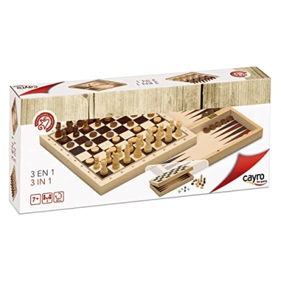 Imagen de Cayro Ajedrez, Damas y Backgammon + 7 Años Madera Triple Juego Educativo de Mesa Niños Adultos Tablero Plegable para Guardar las Fichas