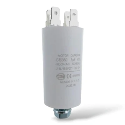 Imagen de DEKAROX condensador universal 3 µF 450 V Ø30 x 57 mm con 6,3 AMP casquillos tornillo de fijación M8 CBB60 arranque y funcionamiento para electrodomésticos