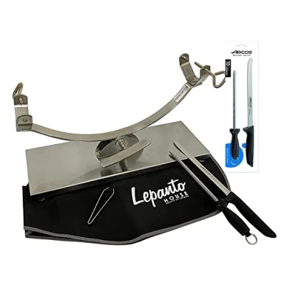 Imagen de Soporte jamonero basculante, balancin de acero inoxidable + Cuchillo Arcos Niza CHAIRA Cubre Jamon negro Pinza LepantoHouse