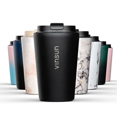 Imagen de VINSUN Taza Termica Acero Inoxidable 350ml Vaso Termico Cafe y Te con Tapa sin BPA, Antigoteo, Doble Pared Termo para Llevar (Coche, Viaje, Oficina)