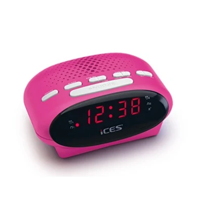 Imagen de Ices ICR 210 rosa radio reloj FM despertador con 2 tiempos de alarma PLL función repetición temporizador apagado reserva marcha compacto
