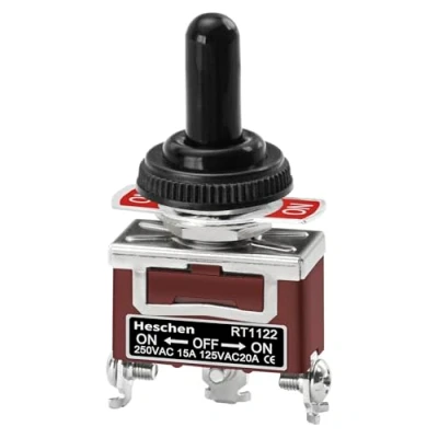 Imagen de Heschen Interruptor de palanca metal, RT1122, SPDT, tipo mantenido, ON/OFF/ON 3 posiciones, 15A 250VAC, con tapa impermeable, CE