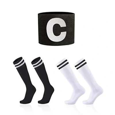 Imagen de 2 pares de calcetines fútbol para niños y 1 muñequera, atléticos transpirables sobre la rodilla fútbol, ​​entrenamiento correr (7 13), negro, talla única