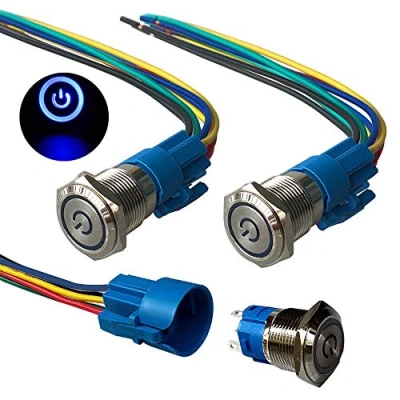 Imagen de QitinDasen 3Pcs Premium 12V / 24V 5A Interruptor de Botón Autoblocante, 19mm Metálico, LED Azul Pulsador Impermeable IP67 con Enchufe Cable