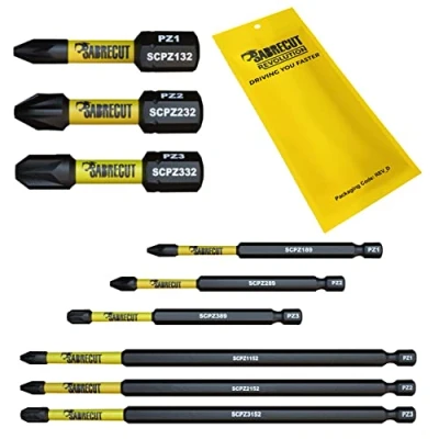 Imagen de 9 x SabreCut SCRK9PZ 32 mm 89 152 PZ1 PZ2 PZ3 Juego de puntas destornillador impacto magnético Pozi Pozidriv Heavy Duty Compatible con Dewalt Milwaukee Bosch Makita y más