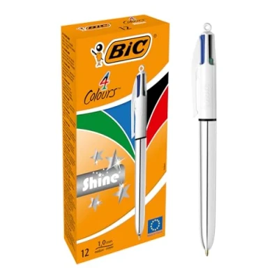 Imagen de BIC 4 colores Shine bolígrafos Retráctiles punta media (1,0 mm) diseño metalizado Plata, Caja de 12 bolis