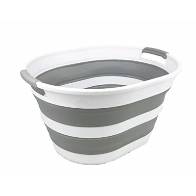 Imagen de SAMMART Cesto de plástico plegable 23 l para la colada ovalada contenedor almacenamiento / organizador Lavabo portátil ropa ahorro espacio (1, blanco/gris)
