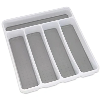Imagen de Addis Bandeja organizadora de utensilios cocina con 5 compartimentos tacto suave, color blanco y gris, secciones