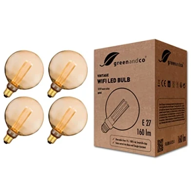 Imagen de greenandco 4x Bombilla LED inteligente WiFi con app (no requiere hub) Vintage E27 G125, 3,8W 160lm 1800K 320 230V, sin parpadeo, regulable, compatible Alexa y Google Assistant