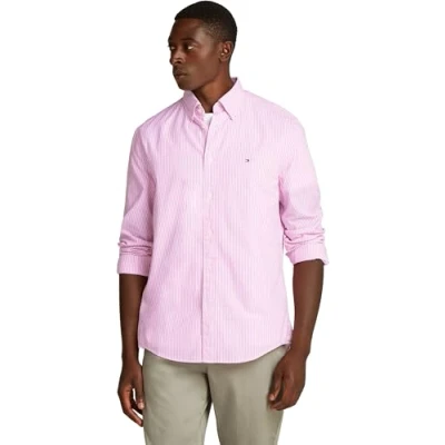 Imagen de Tommy Hilfiger Camisa Hombre Flex Poplin Classic Regular Fit, Multicolor (Classic Pink / Optic White), S