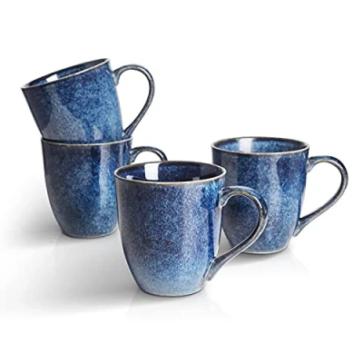Imagen de vicrays Juego de 4 tazas té porcelana, 350 ml, café gres para hombres y mujeres, esmaltadas únicas con asa café, té, leche, cacao cereales (azul)