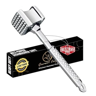Imagen de Gourmet Easy Martillo Carne de acero Inoxidable Apto para el lavavajillas Ablandador Doble Cara Ideal chuletas, filetes Mazo con 5 años garantía.