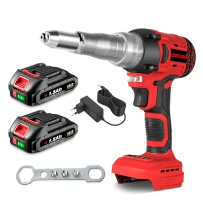Imagen de ONEVAN remachadora bateria, 20000N pistolas de remache inalámbricas con 2x1.5ah baterias, sin escobillas, luz led, 300w herramienta inalámbrica para remaches 2.4 5 mm