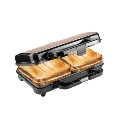 Imagen de Bestron XL Sandwichera, Tostadora para 2 Sándwiches en forma de concha, ideal Americanos (XL), con regulación automática temperatura e indicador preparación, Color: Negro/Cobre