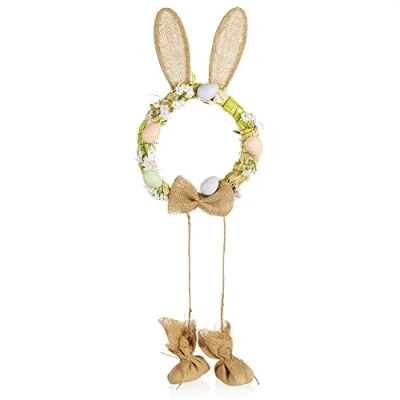 Imagen de com four® Corona de Pascua para Puertas y Ventanas Decorativa con Detalles Primaverales Decoración Puerta en Diseño Conejo
